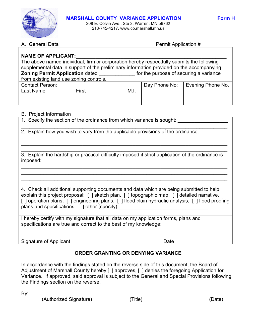 MARSHALL COUNTY VARIANCE APPLICATION Form H