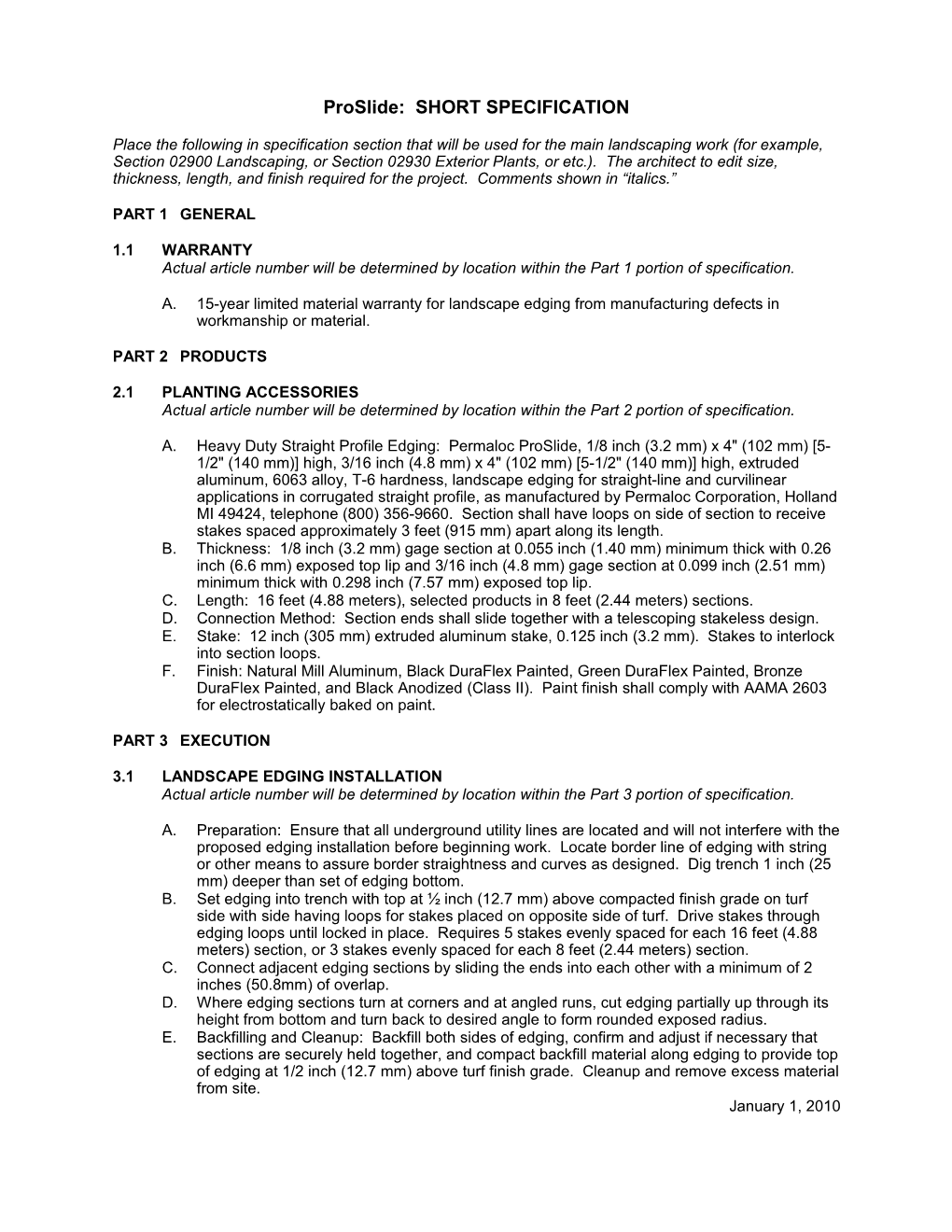 Proslide: SHORT SPECIFICATION