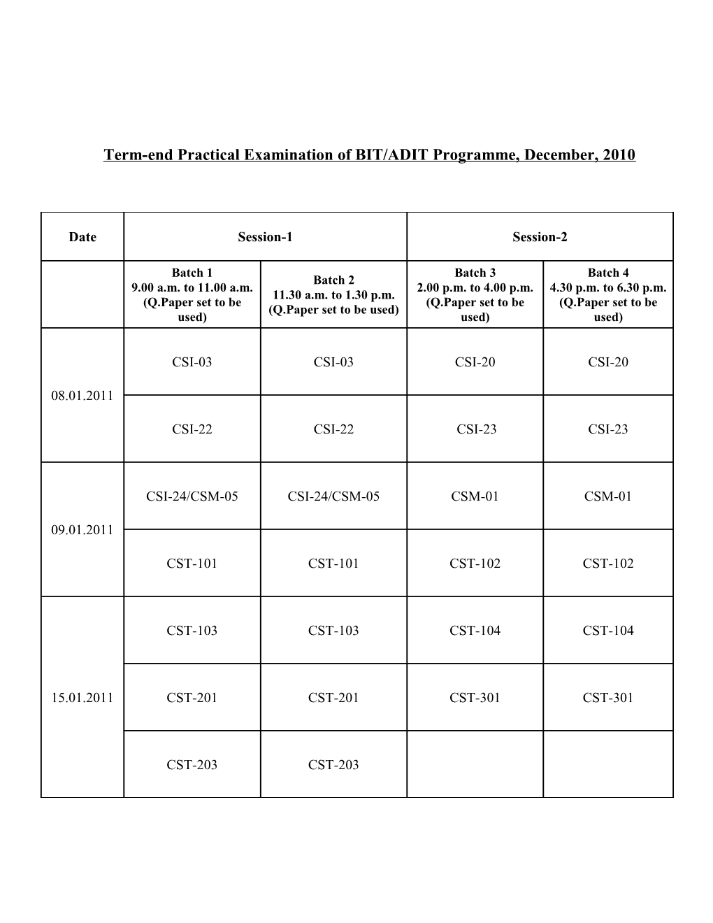 Term-End Practical Examination of BIT/ADIT Programme, December, 2010