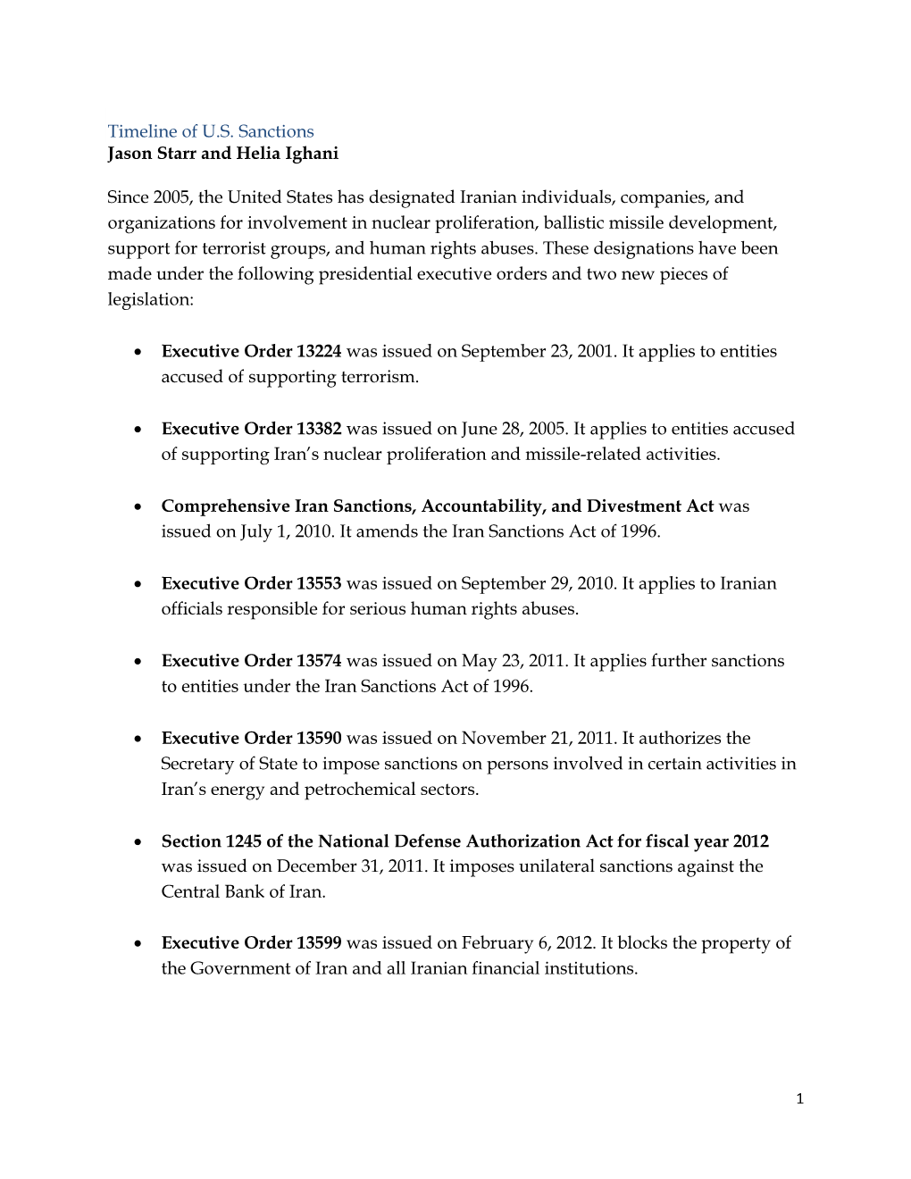 Timeline of U.S. Sanctions Jason Starr and Helia Ighani Since 2005, The