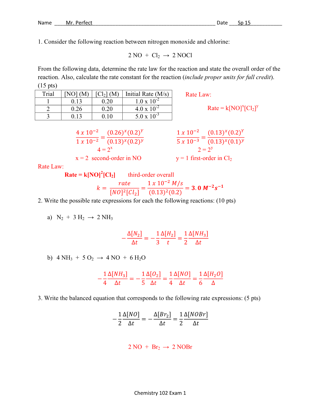 1. Consider the Following Reaction Between Nitrogen Monoxide and Chlorine