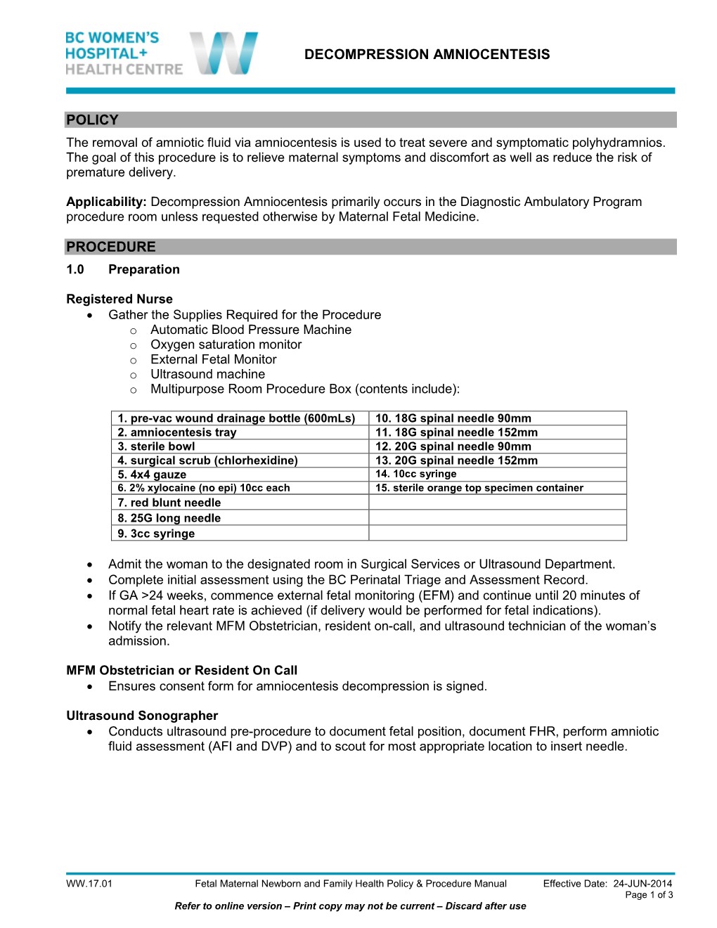 Decompression Amniocentesis Policy Procedure