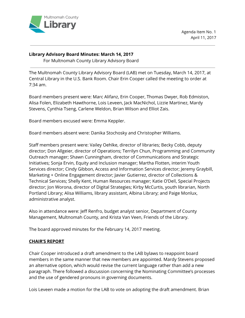 Agenda Item No. 1 Library Advisory Board Minutes