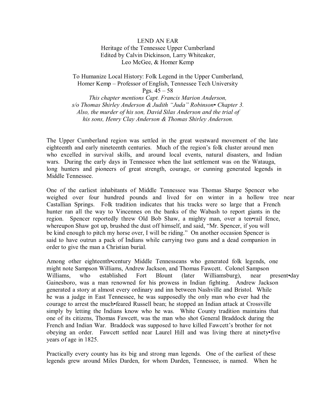 LEND an EAR Heritage of the Tennessee Upper Cumberland Edited by Calvin Dickinson, Larry Whiteaker, Leo Mcgee, & Homer Kemp