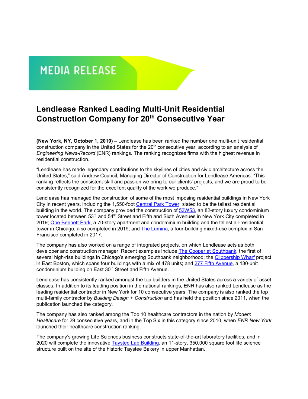 Lendlease Ranked Leading Multi-Unit Residential Construction Company for 20Th Consecutive Year