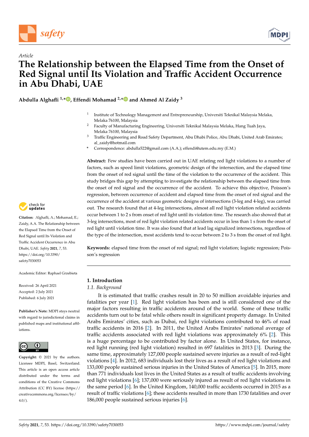 The Relationship Between the Elapsed Time from the Onset of Red Signal Until Its Violation and Trafﬁc Accident Occurrence in Abu Dhabi, UAE