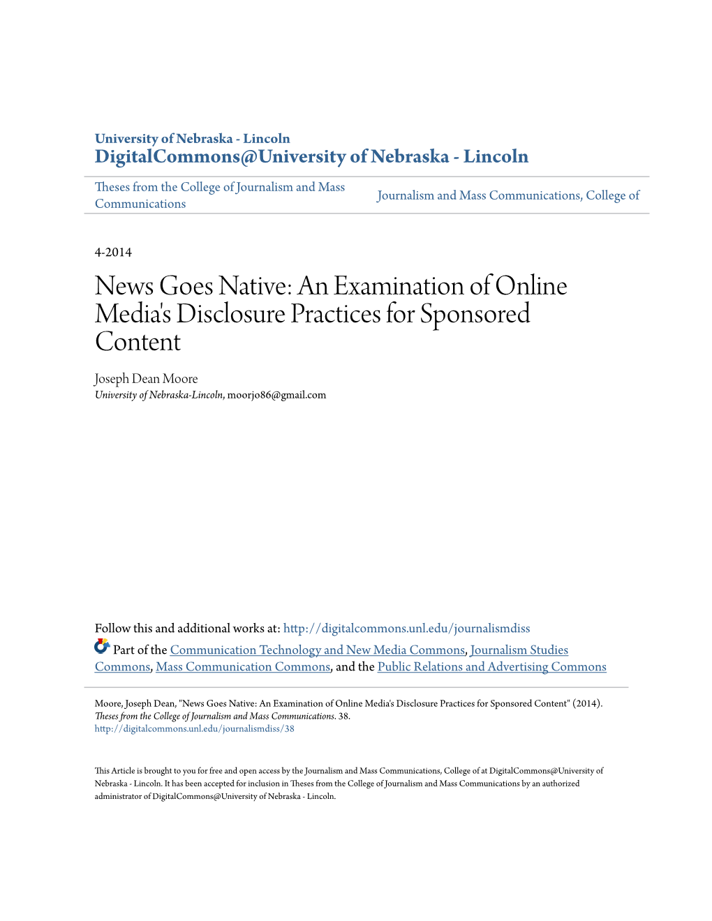 News Goes Native: an Examination of Online Media's Disclosure Practices for Sponsored Content Joseph Dean Moore University of Nebraska-Lincoln, Moorjo86@Gmail.Com