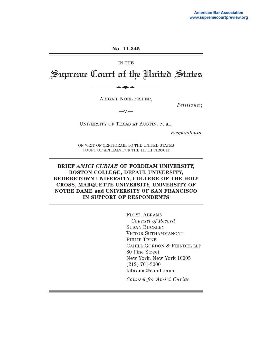 Brief of Respondent for Fisher V. University of Texas at Austin; 11-345