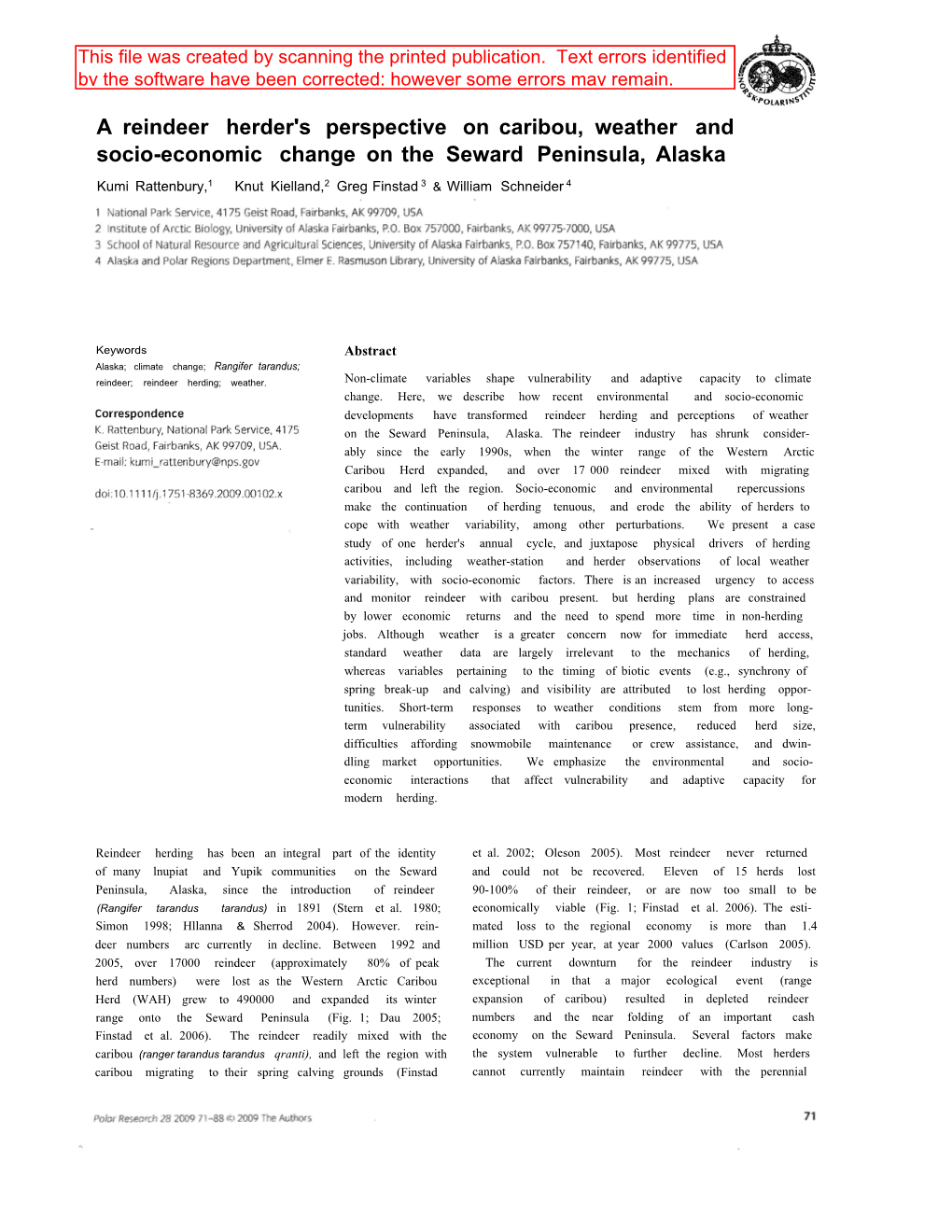 A Reindeer Herder's Perspective on Caribou, Weather and Socio-Economic Change on the Seward Peninsula, Alaska