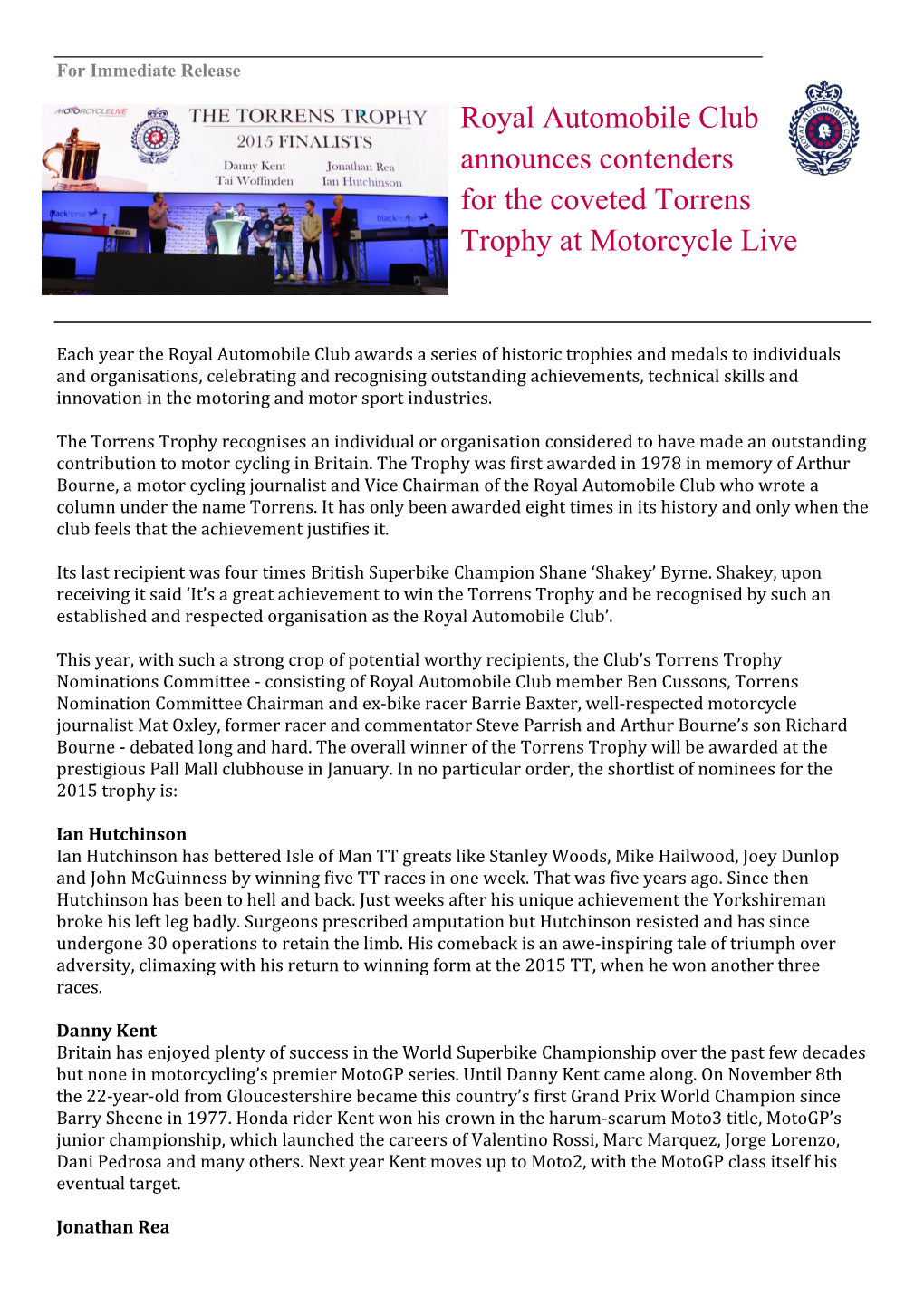 Royal Automobile Club Announces Contenders for the Coveted Torrens Trophy at Motorcycle Live