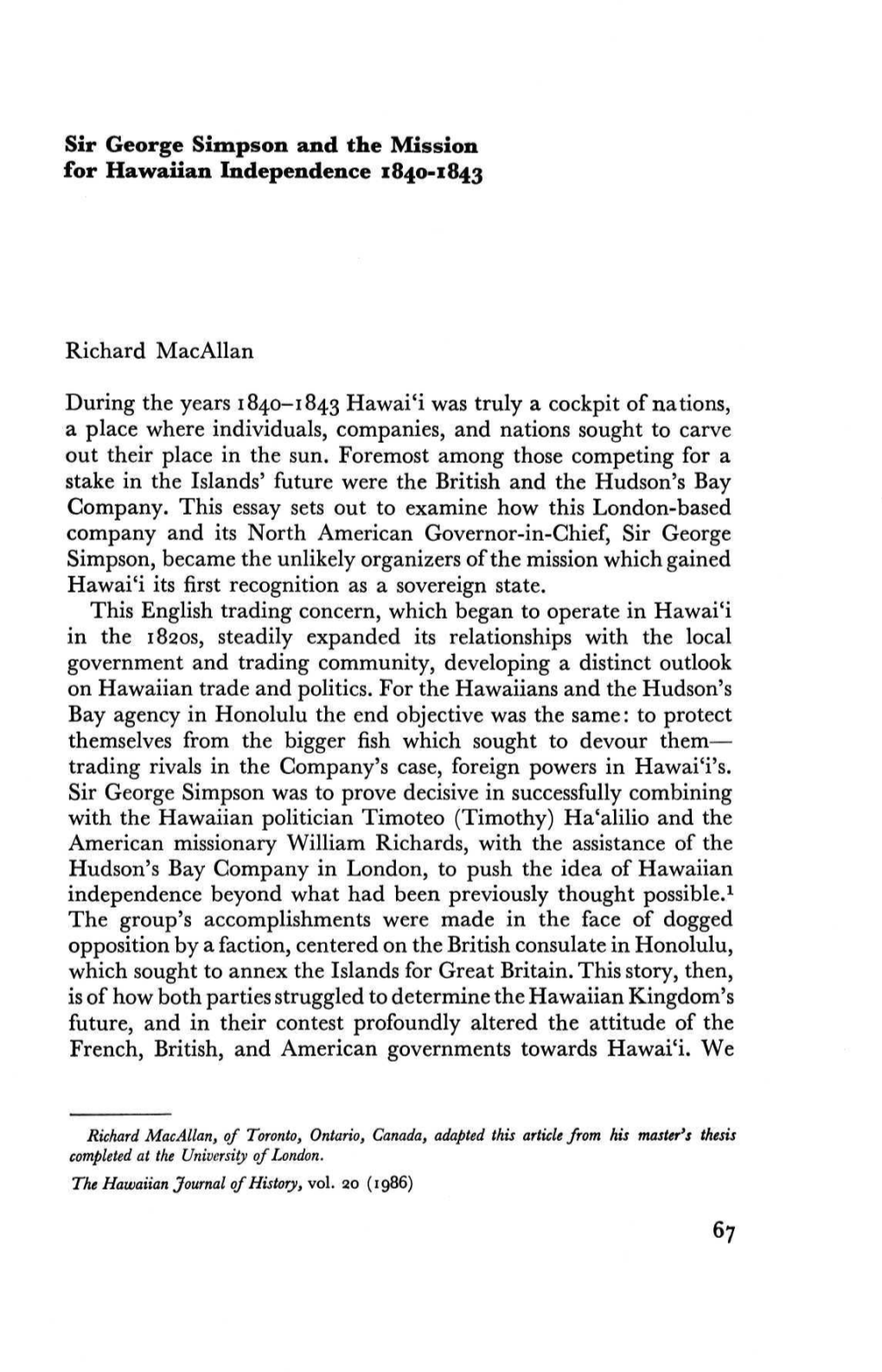 Sir George Simpson and the Mission for Hawaiian Independence 1840-1843