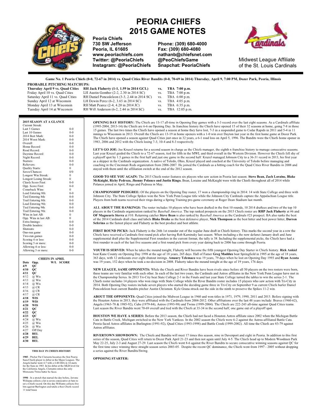 Peoria Chiefs 2015 Game Notes
