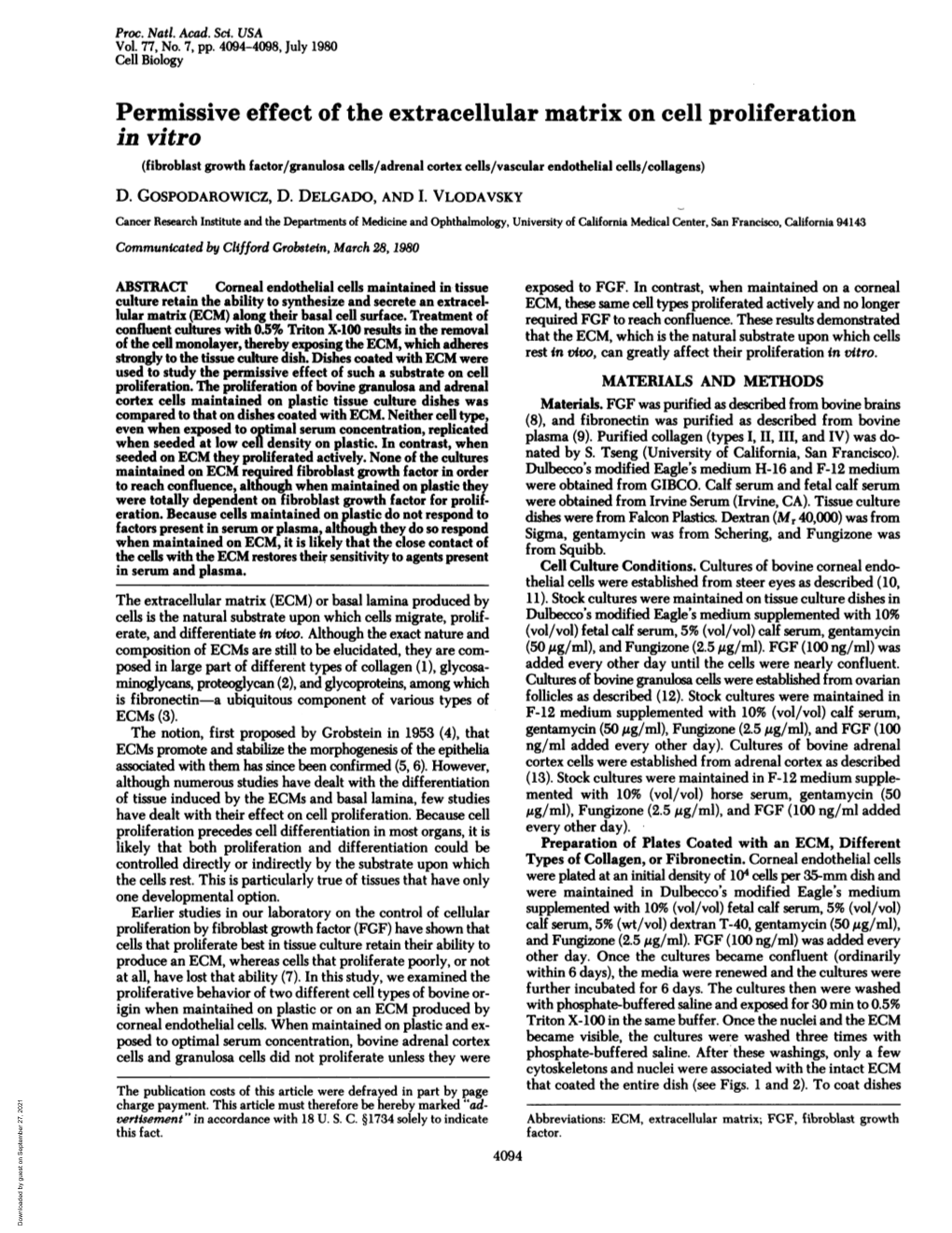 Permissive Effect of the Extracellular Matrix on Cell Proliferation in Vitro