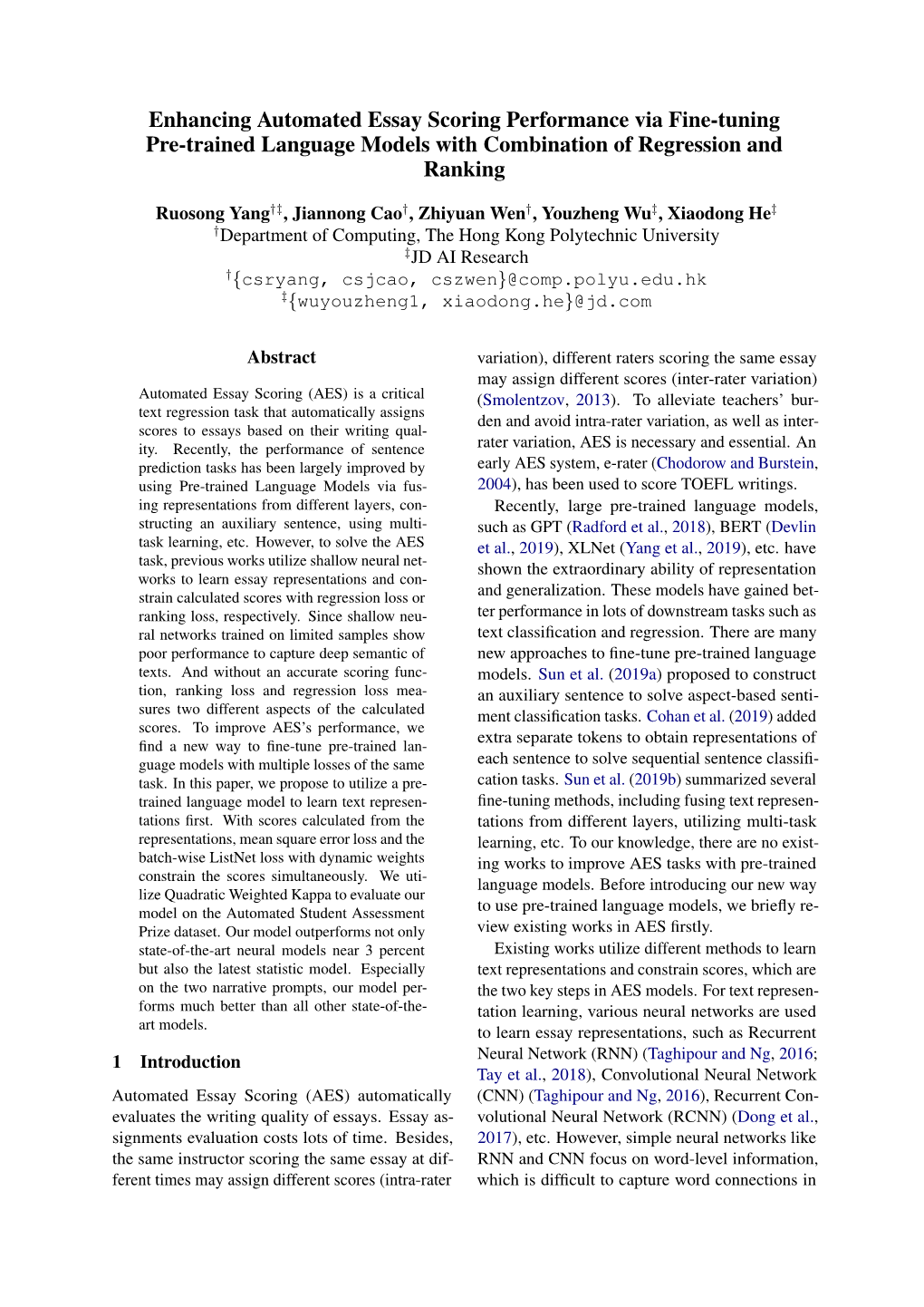 Enhancing Automated Essay Scoring Performance Via Fine-Tuning Pre-Trained Language Models with Combination of Regression and Ranking