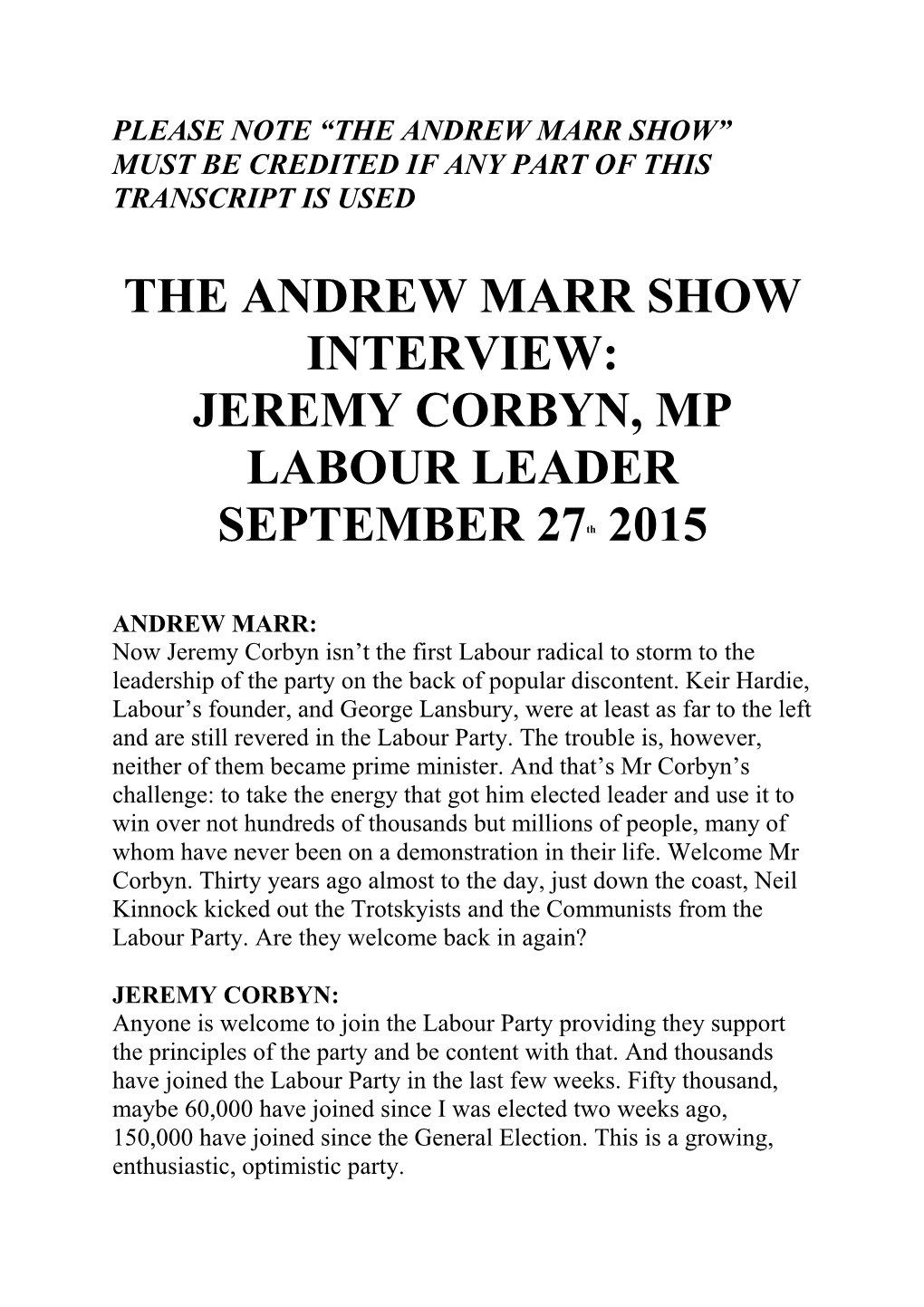 The Andrew Marr Show Interview: Jeremy Corbyn, Mp Labour Leader