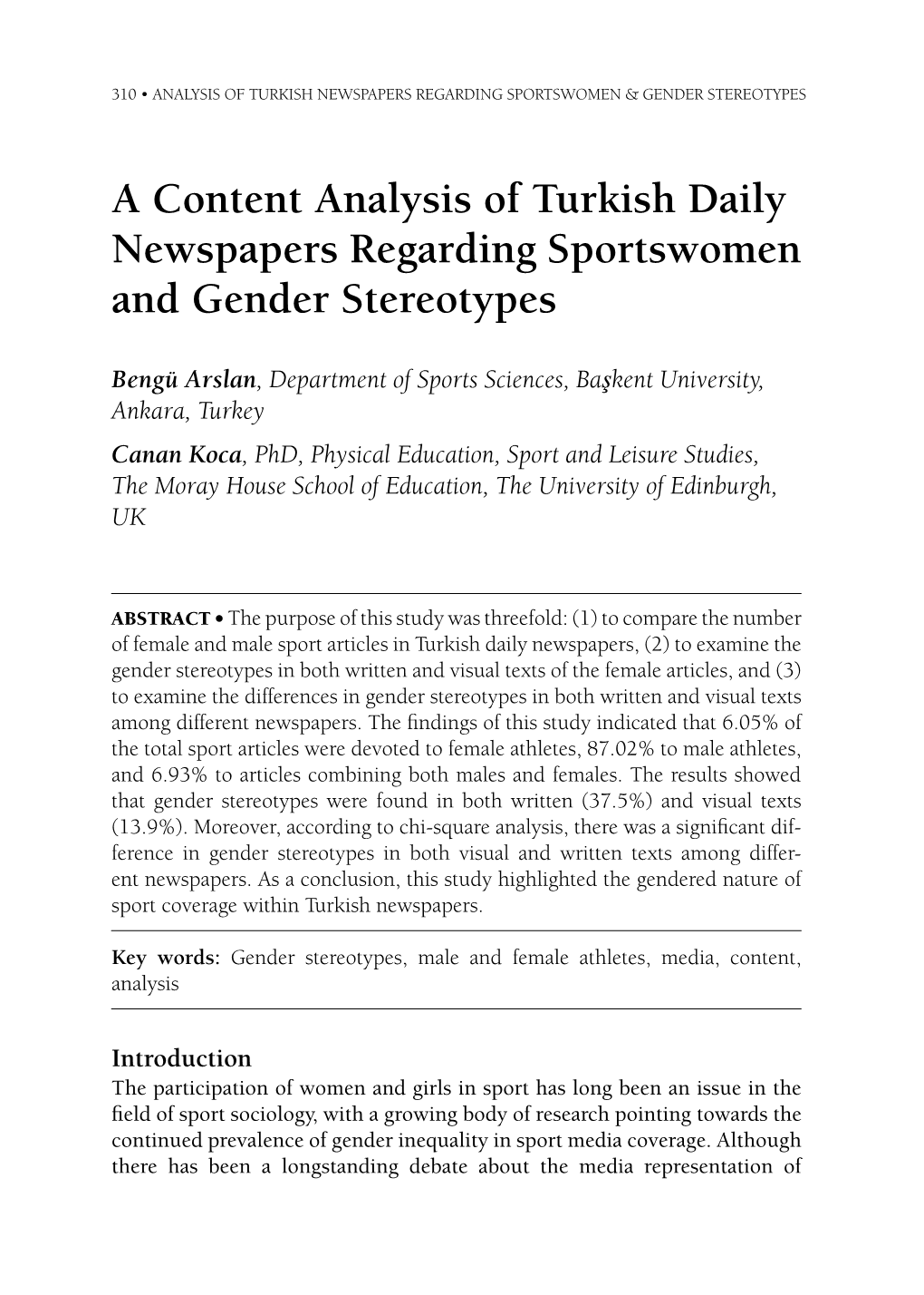 A Content Analysis of Turkish Daily Newspapers Regarding Sportswomen and Gender Stereotypes