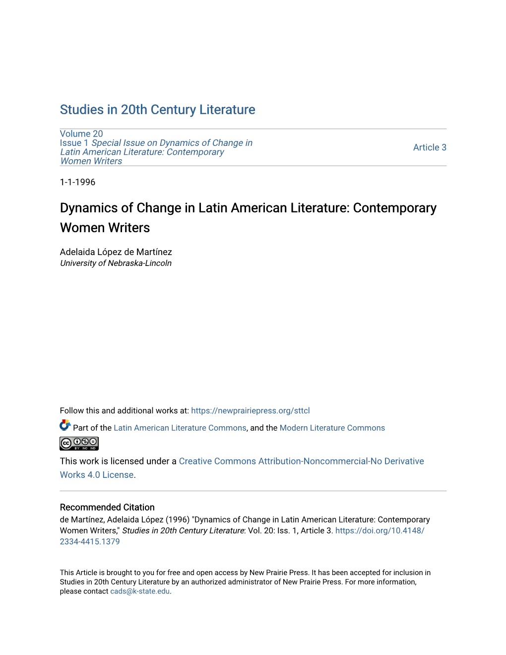 Dynamics of Change in Latin American Literature: Contemporary Article 3 Women Writers