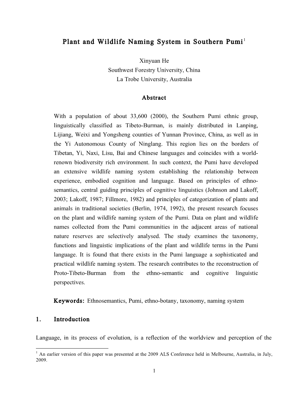 Plant and Wildlife Naming System in Southern Pumi1