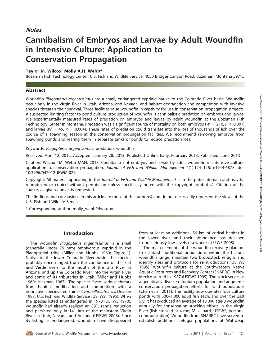 Cannibalism of Embryos and Larvae by Adult Woundfin in Intensive Culture: Application to Conservation Propagation