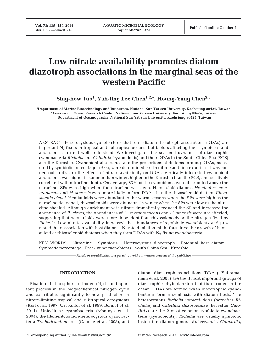 Low Nitrate Availability Promotes Diatom Diazotroph Associations in the Marginal Seas of the Western Pacific