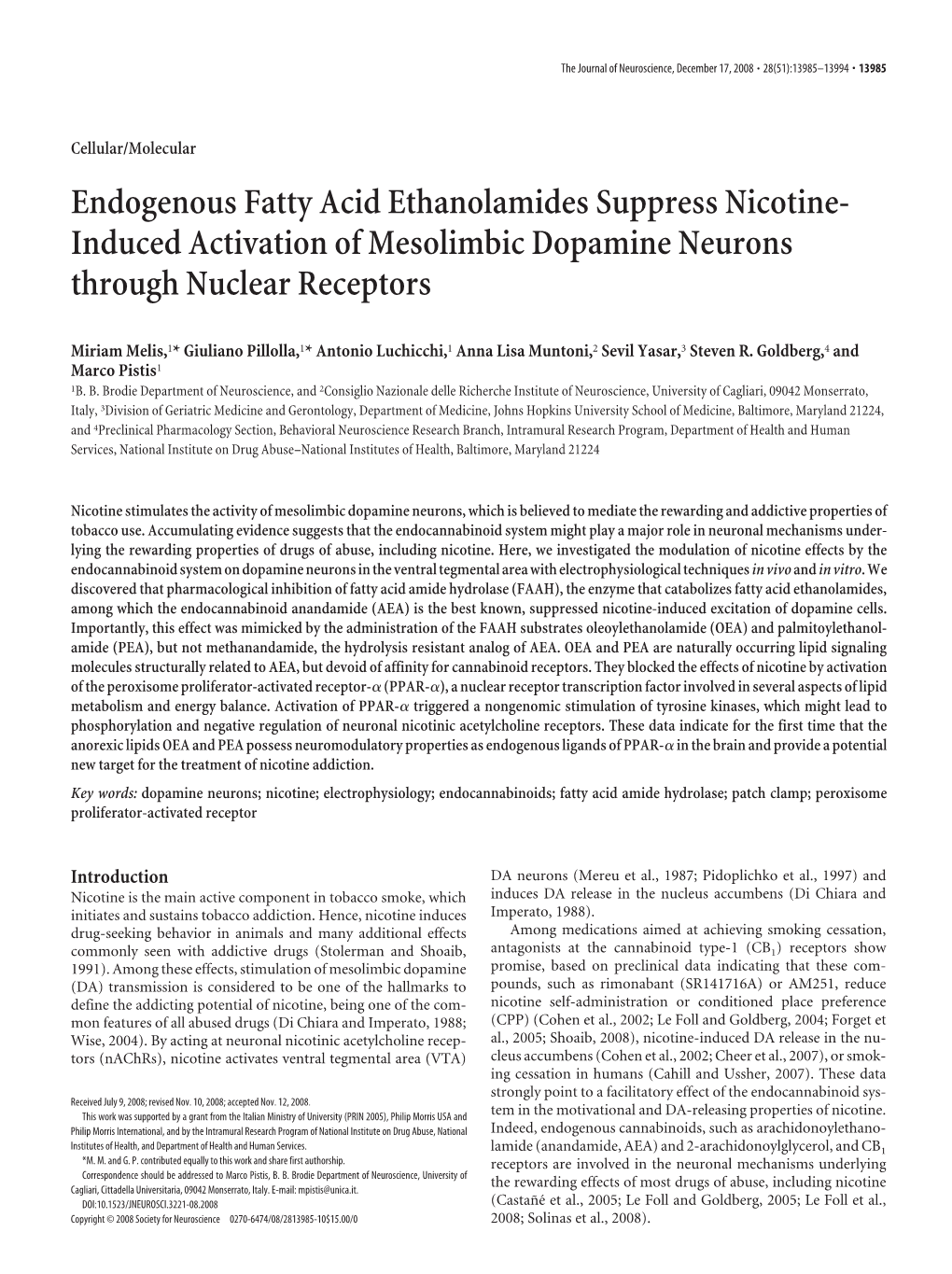Endogenous Fatty Acid Ethanolamides Suppress Nicotine- Induced Activation of Mesolimbic Dopamine Neurons Through Nuclear Receptors