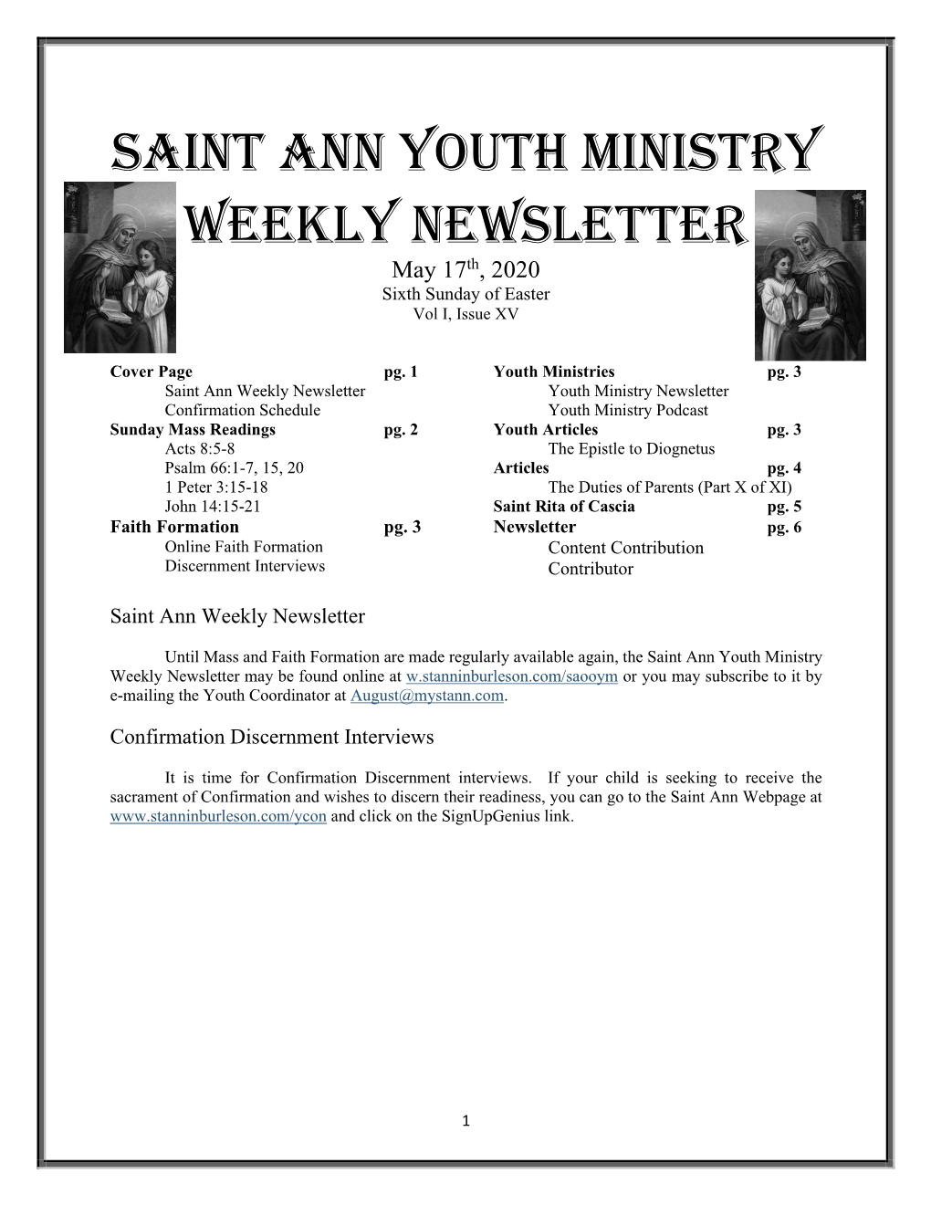 Saint Ann Youth Ministry Weekly Newsletter May 17Th, 2020 Sixth Sunday of Easter Vol I, Issue XV