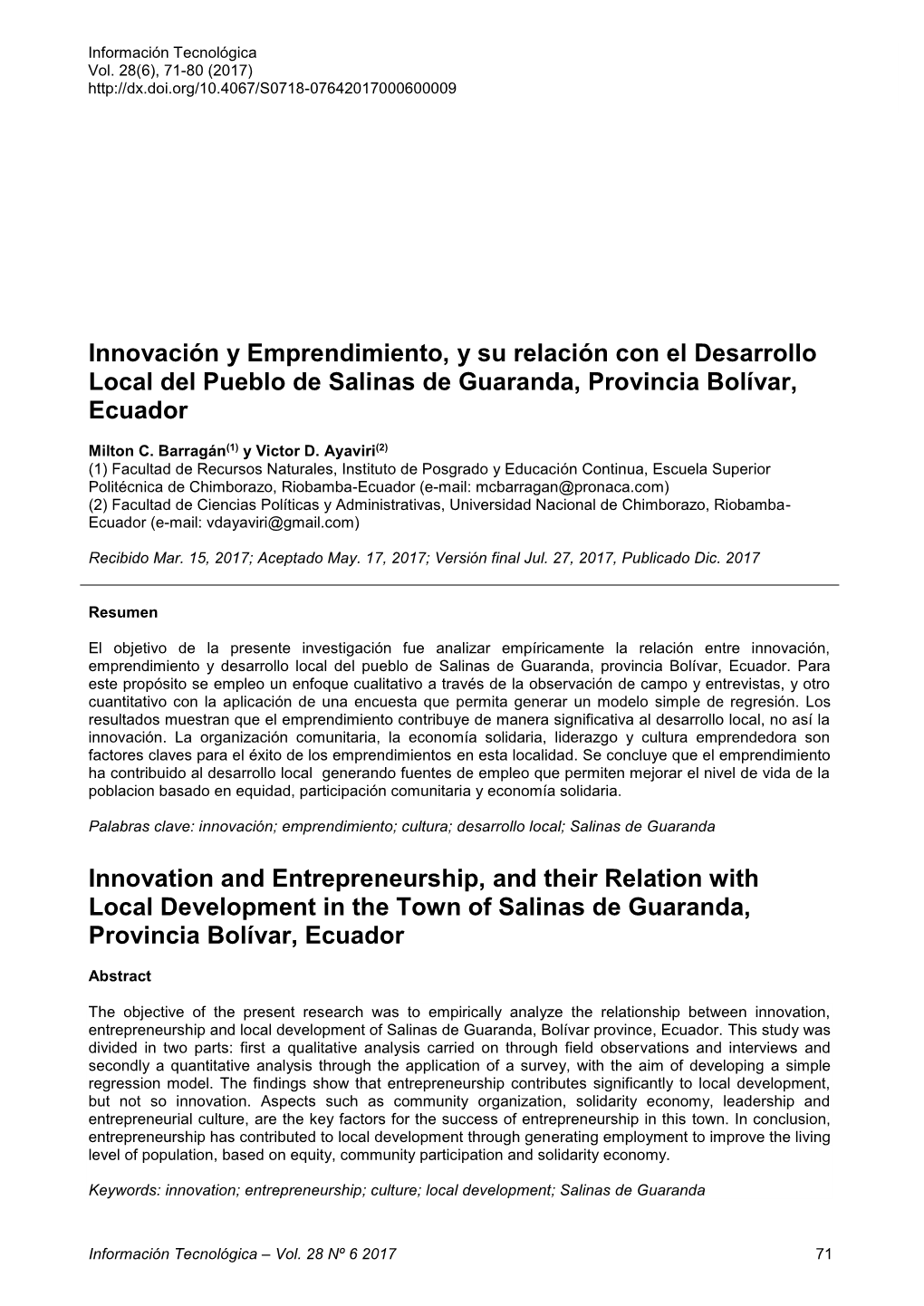 Innovación Y Emprendimiento, Y Su Relación Con El Desarrollo Local Del Pueblo De Salinas De Guaranda, Provincia Bolívar, Ecuador