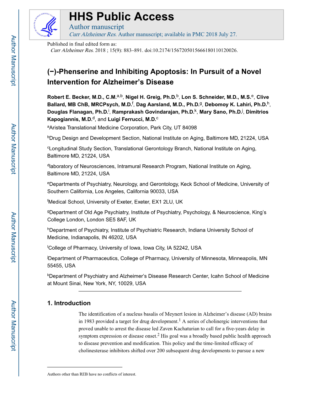 (−)-Phenserine and Inhibiting Apoptosis: in Pursuit of a Novel Intervention for Alzheimer’S Disease