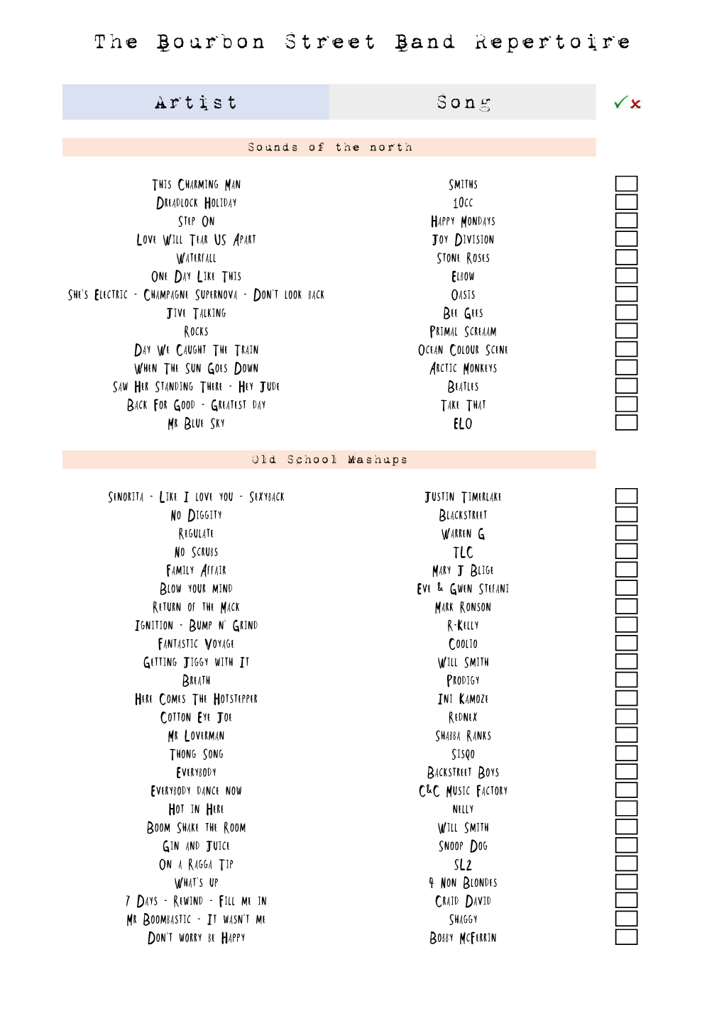 The Bourbon Street Band Repertoire