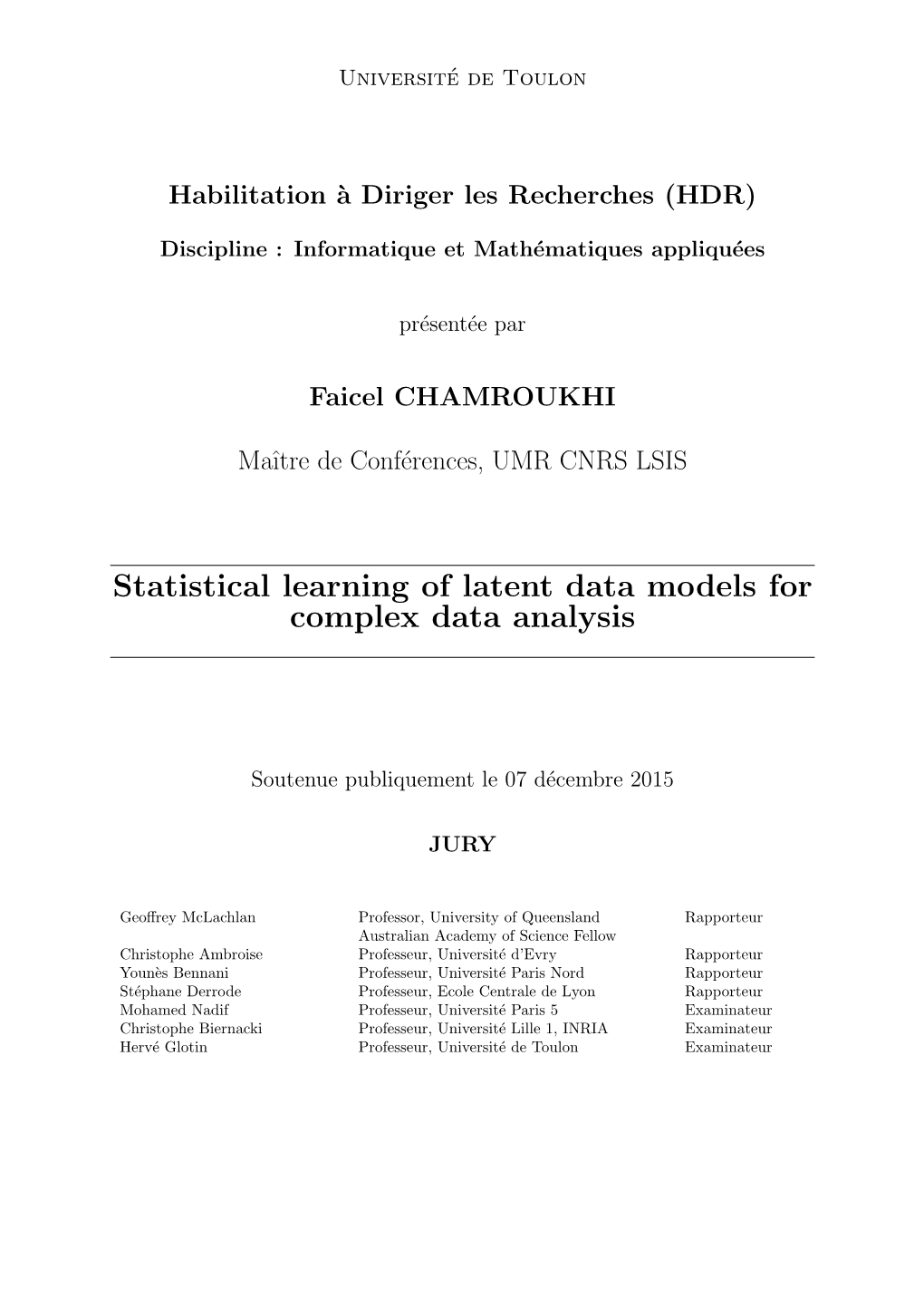 Statistical Learning of Latent Data Models for Complex Data Analysis