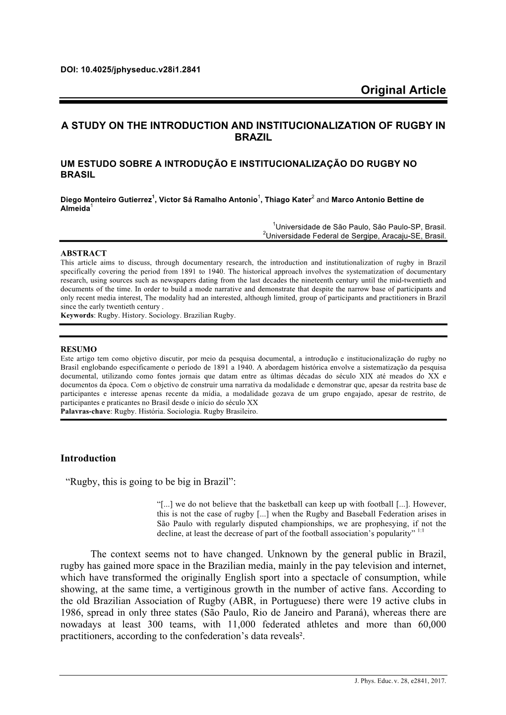 A Study on the Introduction and Institucionalization of Rugby in Brazil