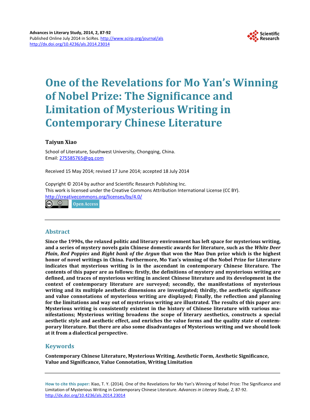 One of the Revelations for Mo Yan's Winning of Nobel Prize: the Significance and Limitation of Mysterious Writing in Contempor