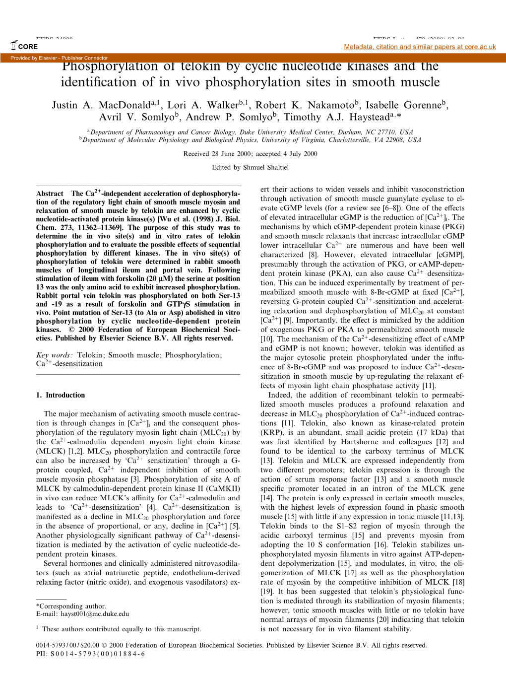 Phosphorylation of Telokin by Cyclic Nucleotide Kinases and the Identi