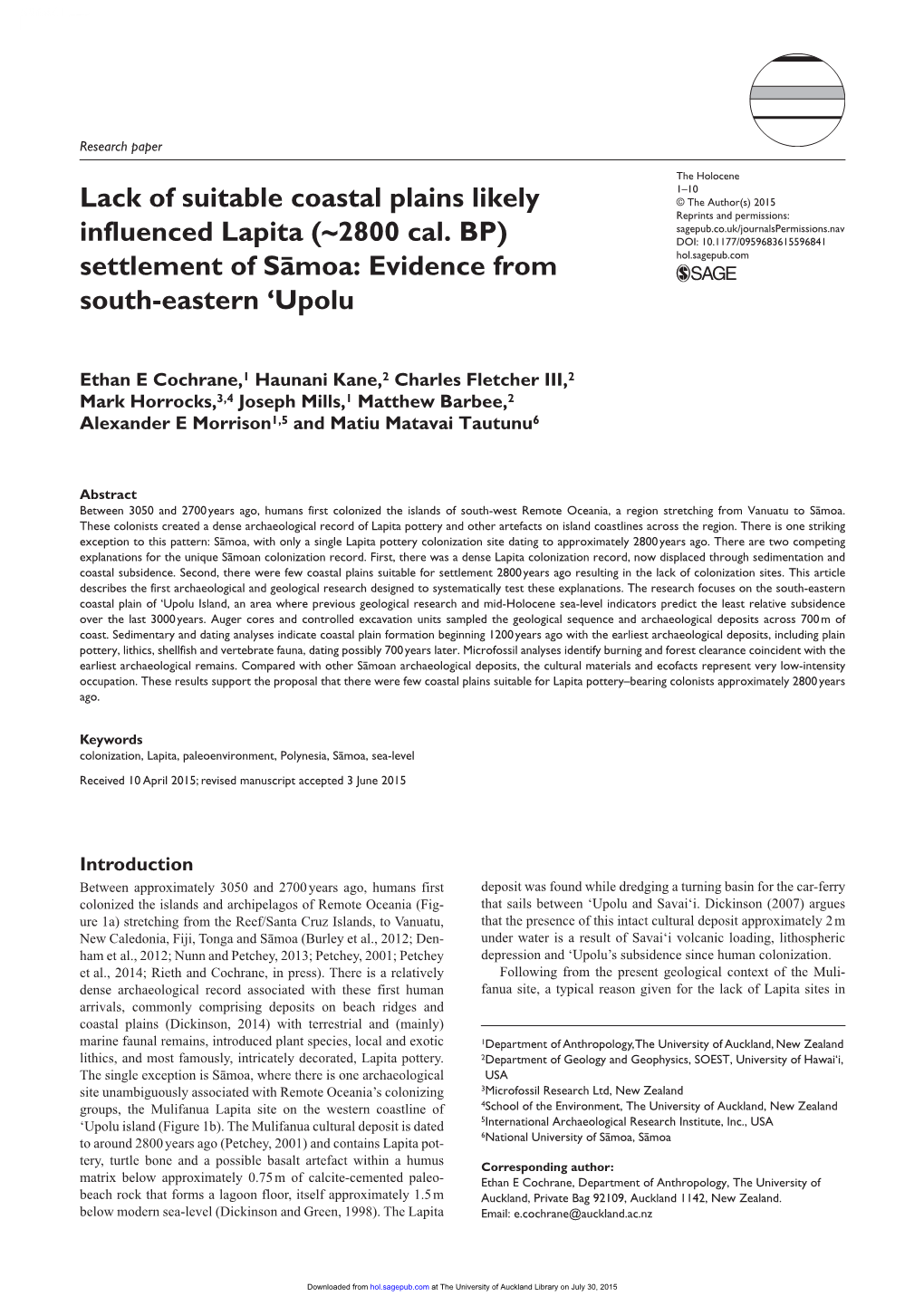 Lack of Suitable Coastal Plains Likely Influenced Lapita (~2800 Cal