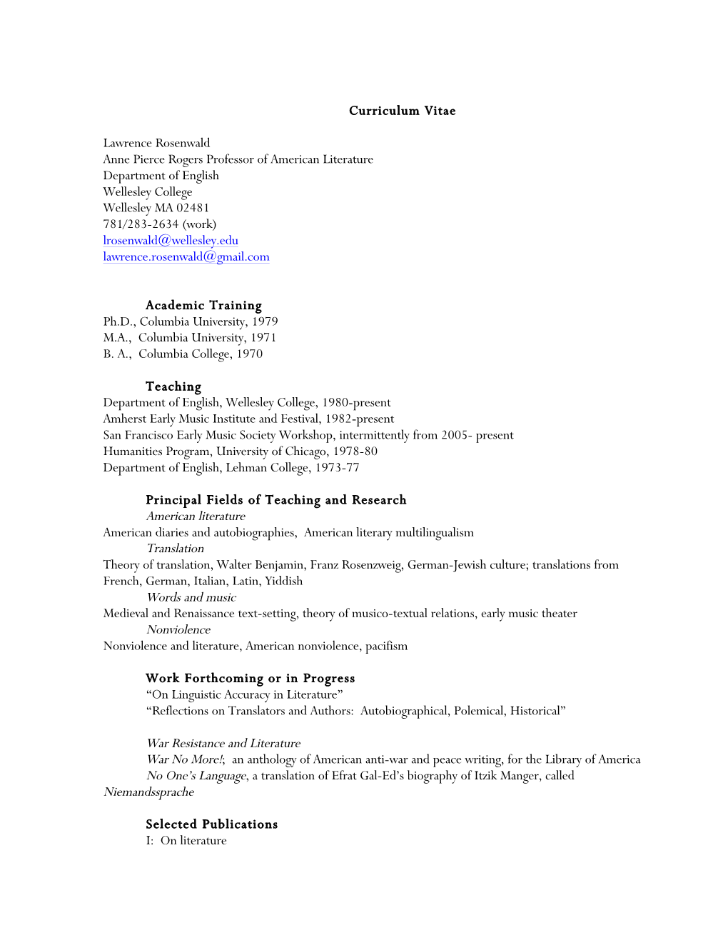 Curriculum Vitae Lawrence Rosenwald