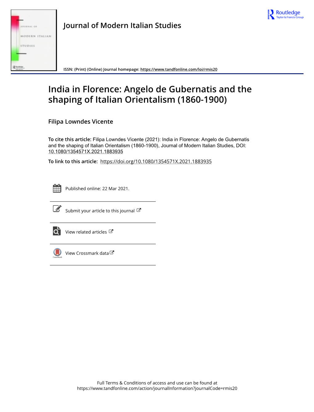 India in Florence: Angelo De Gubernatis and the Shaping of Italian Orientalism (1860-1900)