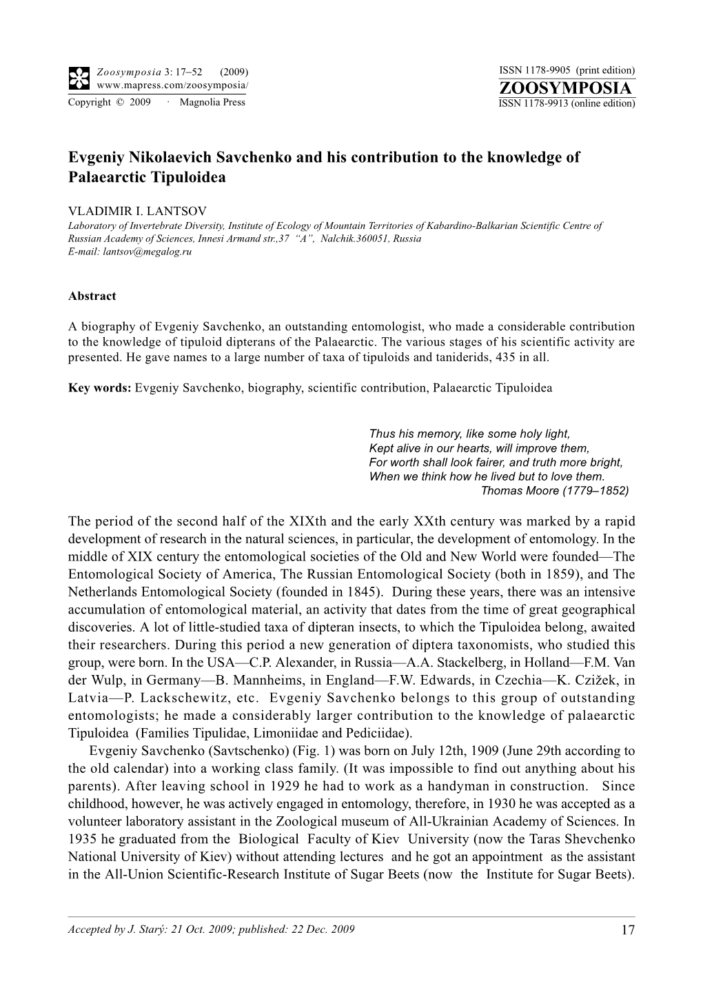 Zoosymposia 3: 17–52 (2009) ISSN 1178-9905 (Print Edition) ZOOSYMPOSIA Copyright © 2009 · Magnolia Press ISSN 1178-9913 (Online Edition)