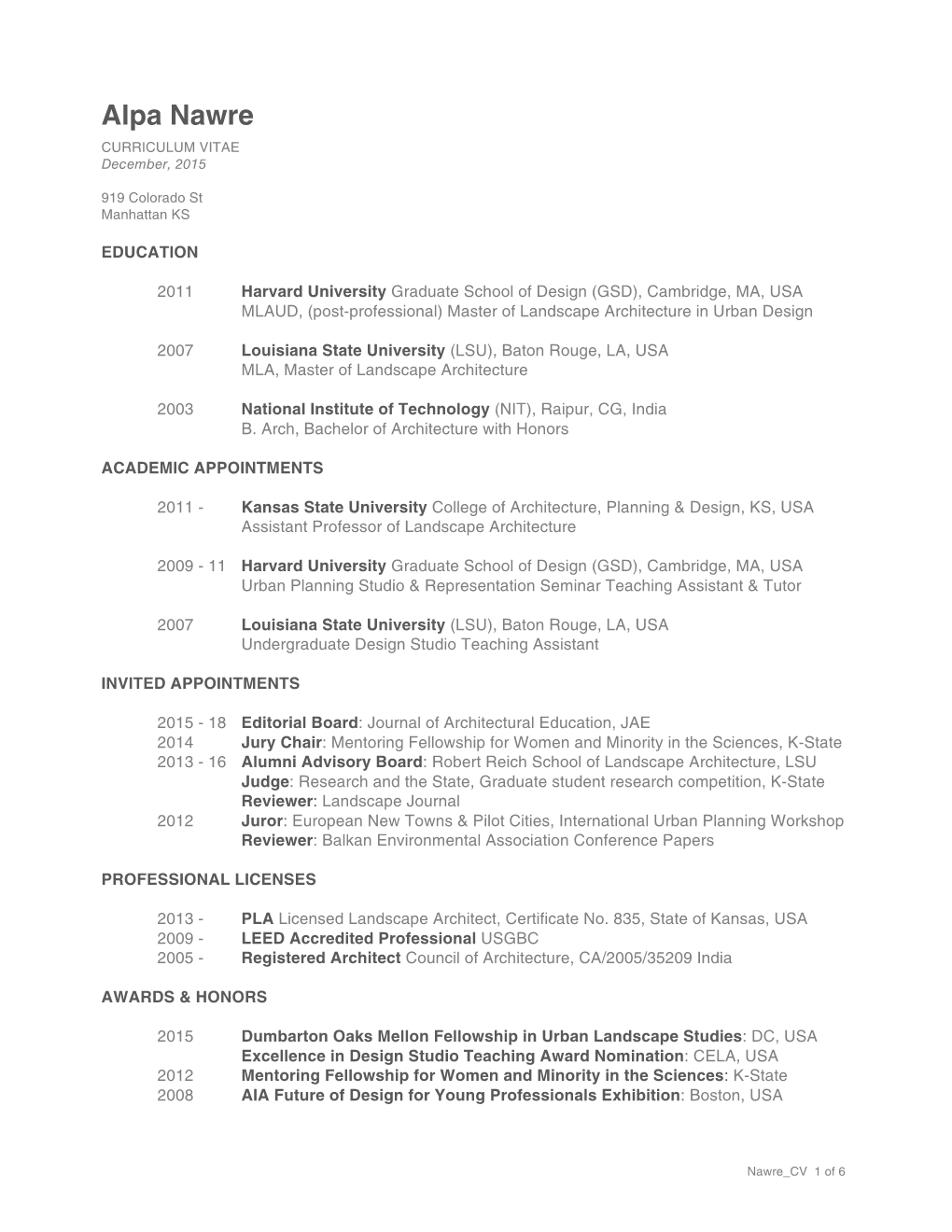 Alpa Nawre CURRICULUM VITAE December, 2015