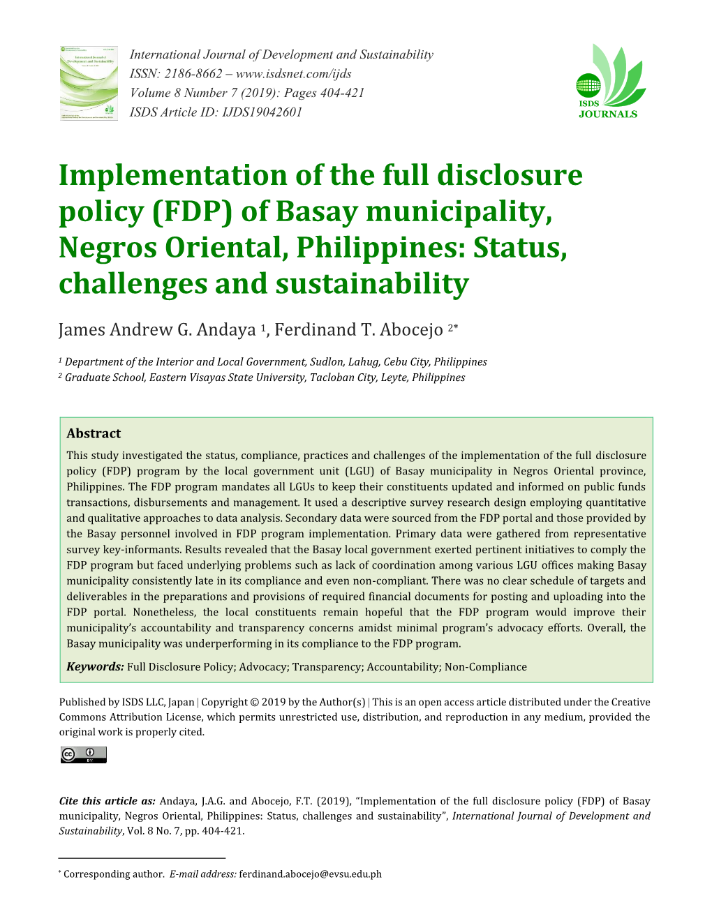 Implementation of the Full Disclosure Policy (FDP) of Basay Municipality, Negros Oriental, Philippines: Status, Challenges and Sustainability