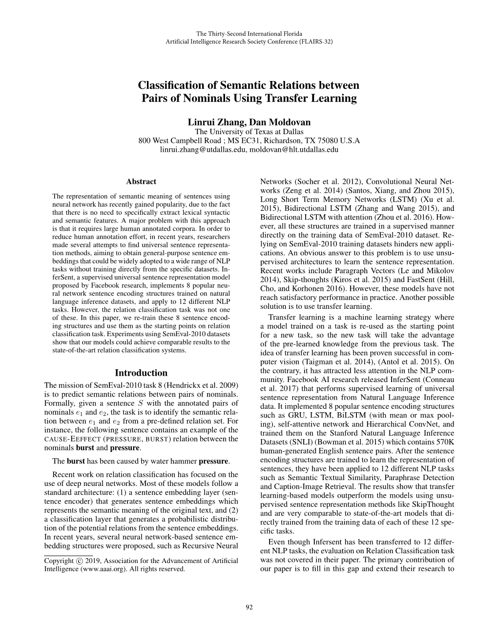 Classification of Semantic Relations Between Pairs of Nominals Using