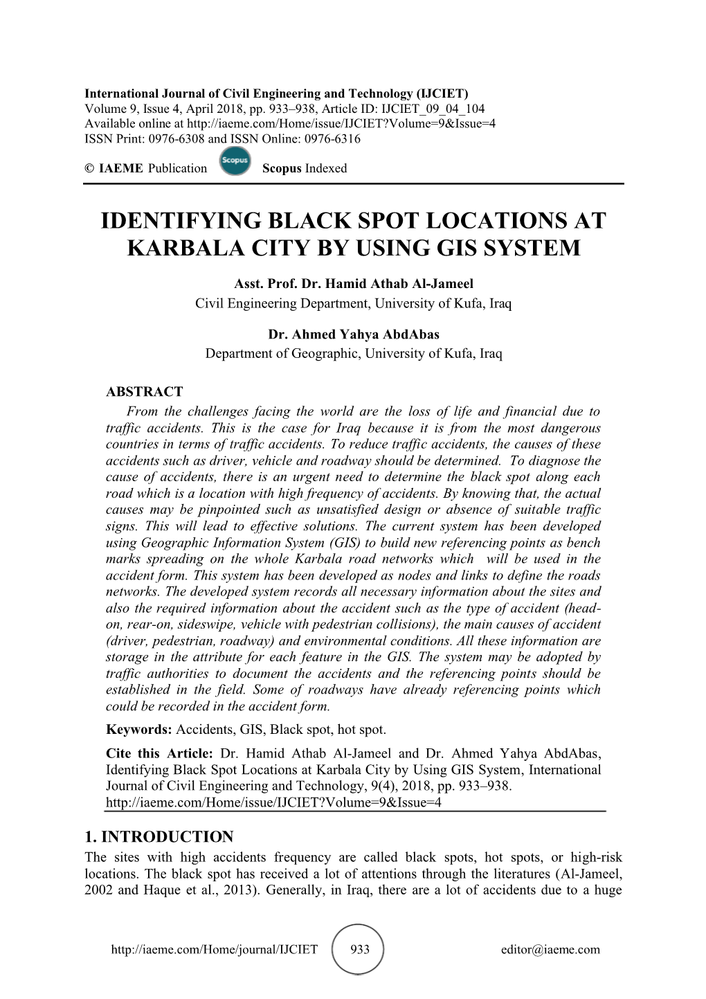 Identifying Black Spot Locations at Karbala City by Using Gis System