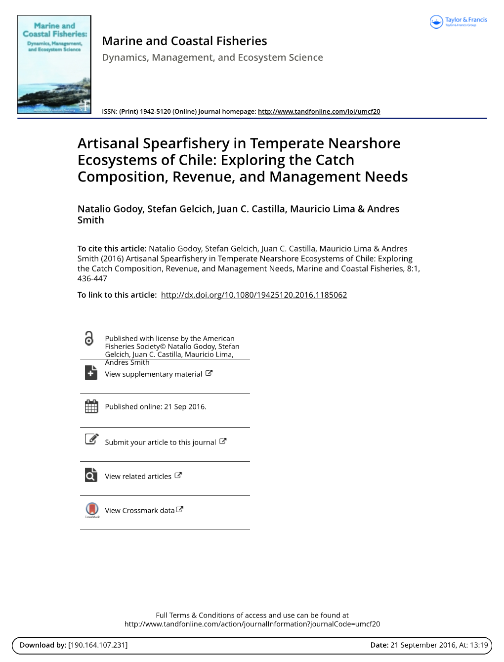 Artisanal Spearfishery in Temperate Nearshore Ecosystems of Chile: Exploring the Catch Composition, Revenue, and Management Needs