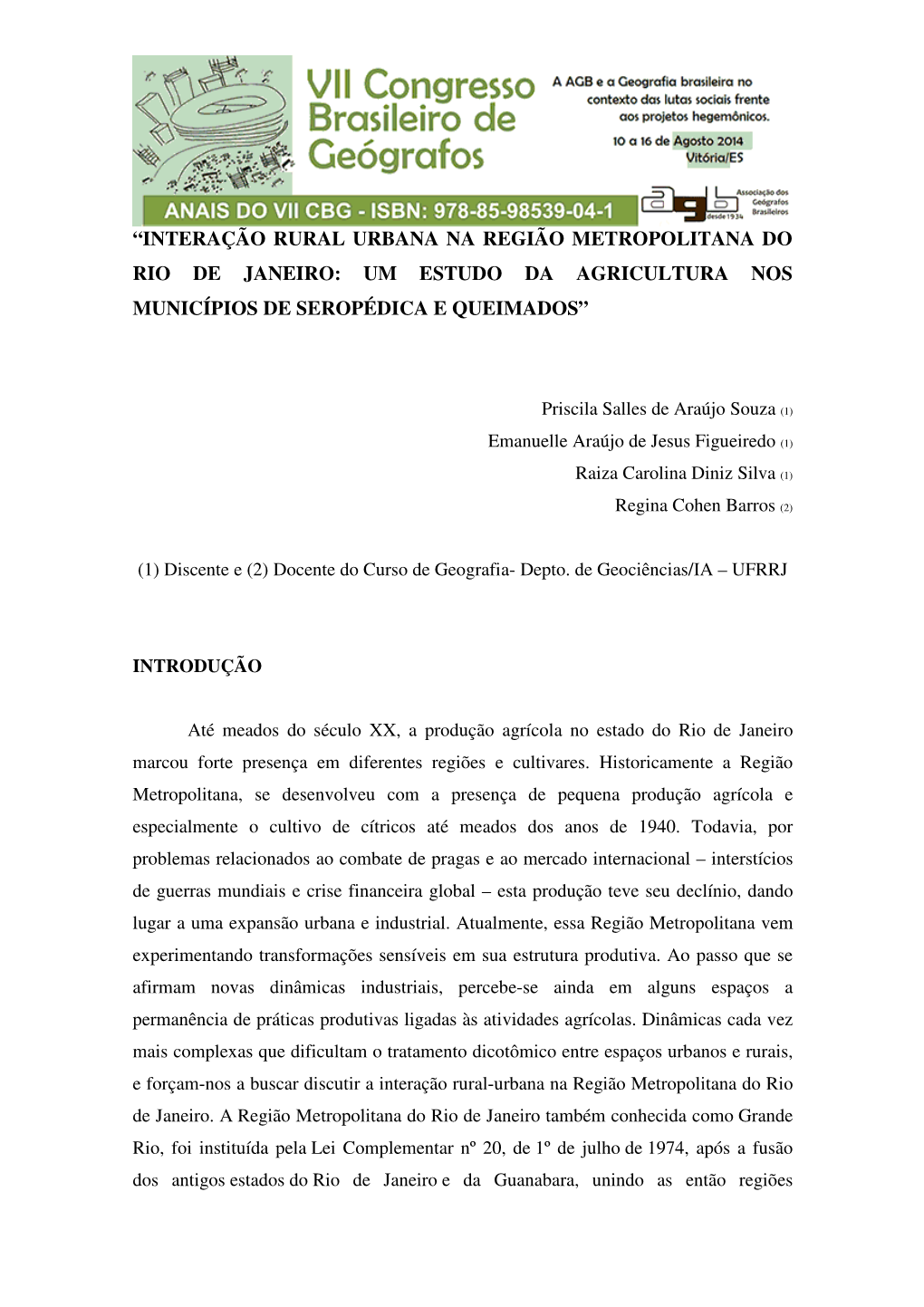 “Interação Rural Urbana Na Região Metropolitana Do Rio De Janeiro: Um Estudo Da Agricultura Nos Municípios De Seropédica E Queimados”