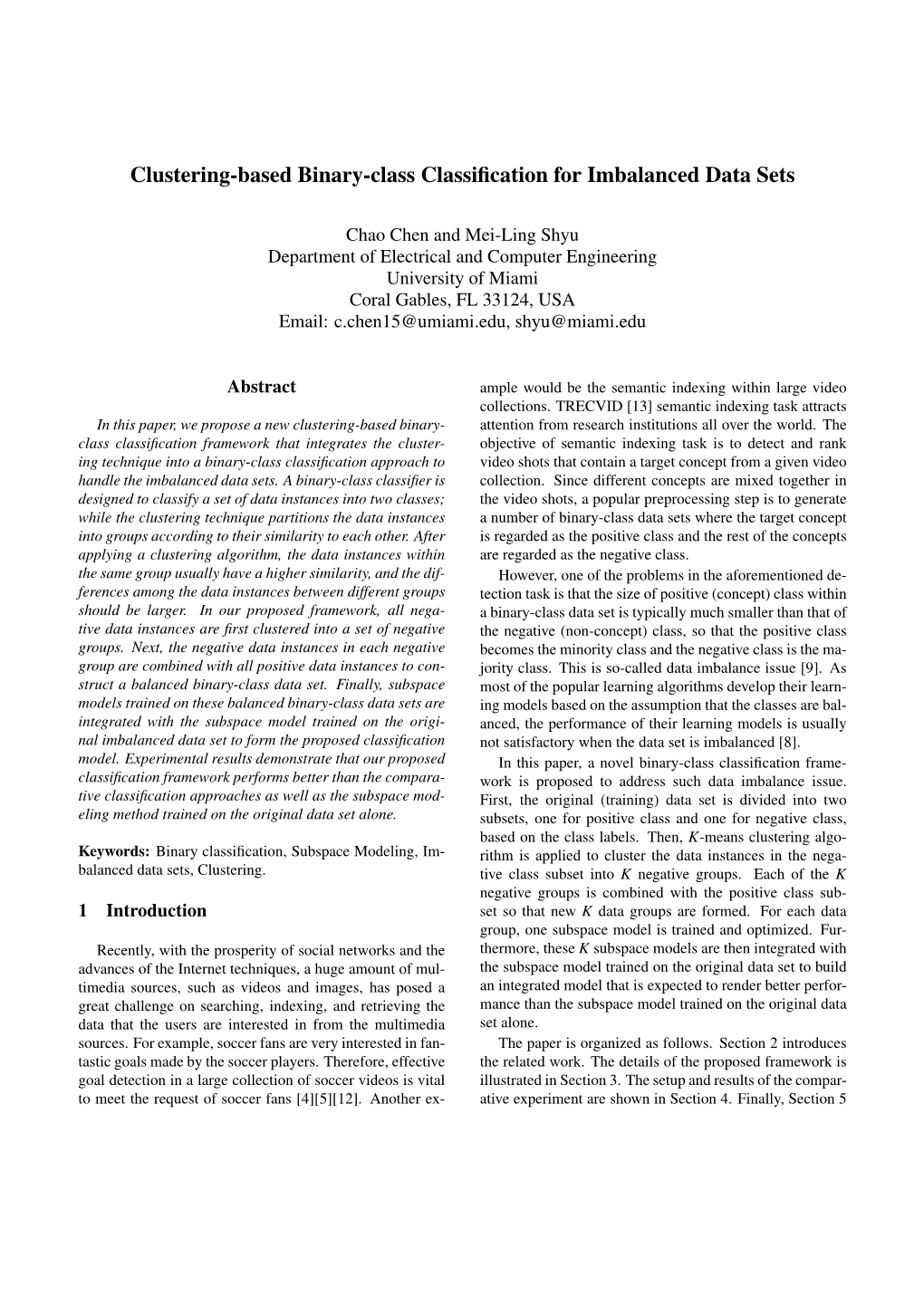 Clustering-Based Binary-Class Classification for Imbalanced Data