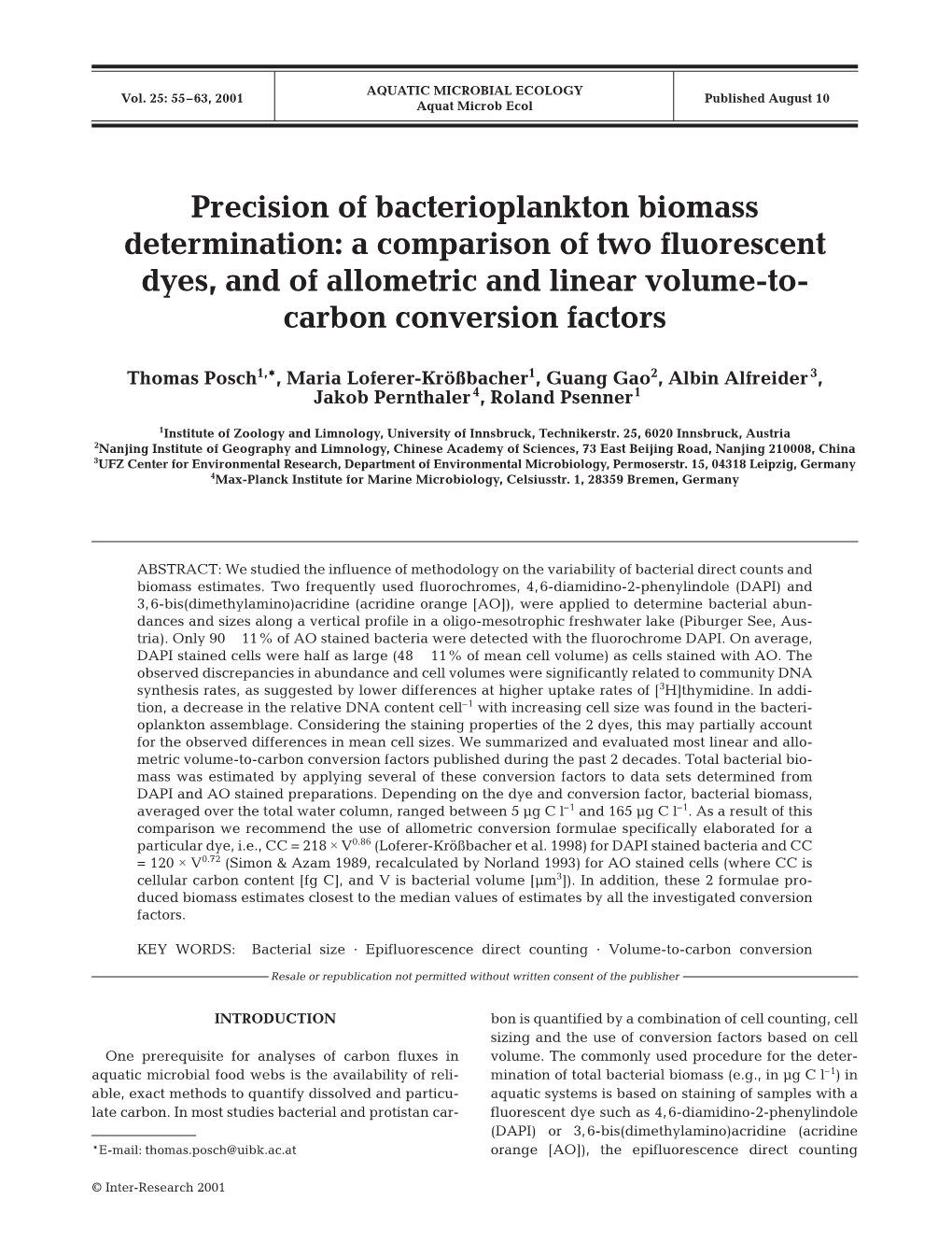 Precision of Bacterioplankton Biomass Determination: a Comparison of Two Fluorescent Dyes, and of Allometric and Linear Volume-To- Carbon Conversion Factors