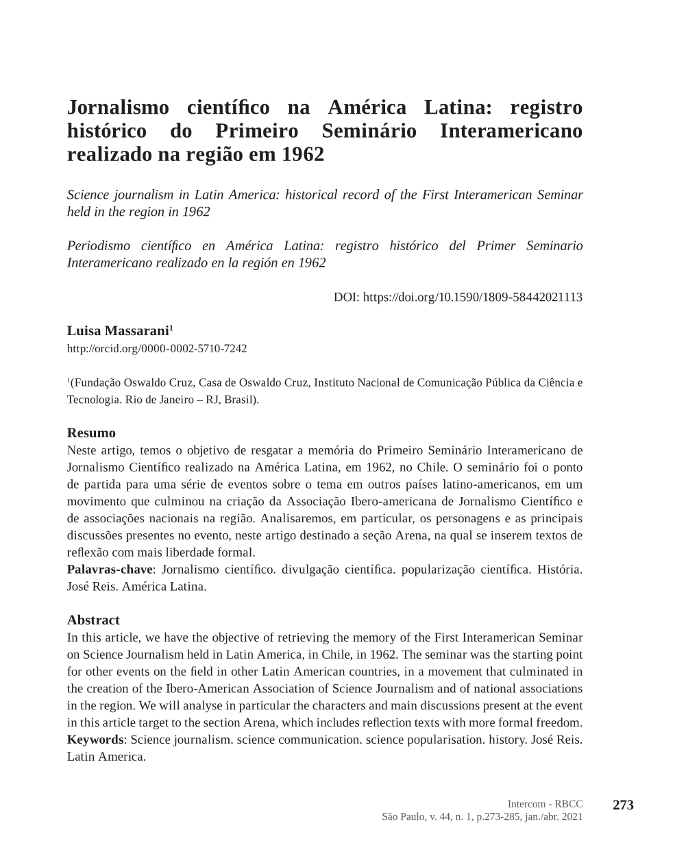 Science Journalism in Latin America: Historical Record of the First Interamerican Seminar Held in the Region in 1962