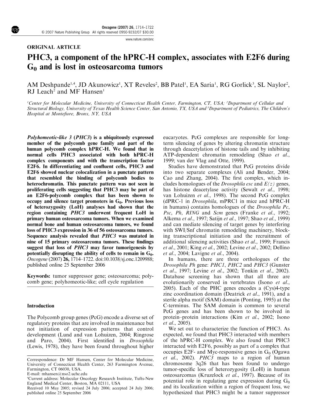 PHC3, a Component of the Hprc-H Complex, Associates with E2F6 During G0 and Is Lost in Osteosarcoma Tumors