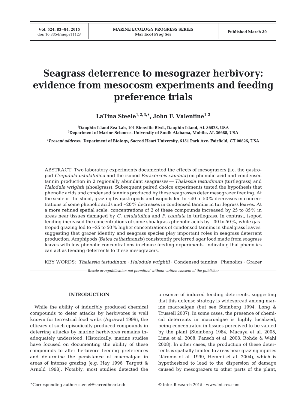 Seagrass Deterrence to Mesograzer Herbivory: Evidence from Mesocosm Experiments and Feeding Preference Trials