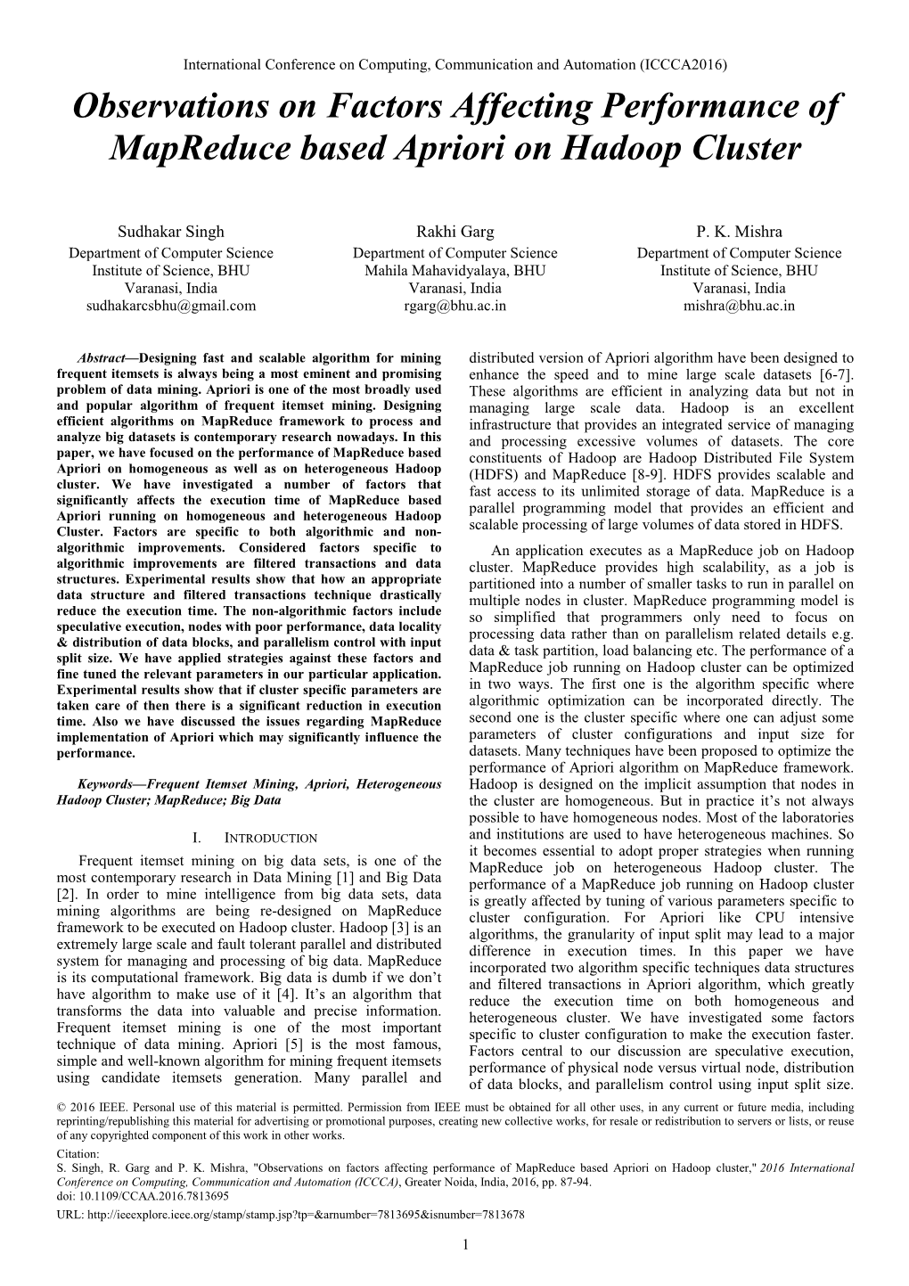 Observations on Factors Affecting Performance of Mapreduce Based Apriori on Hadoop Cluster