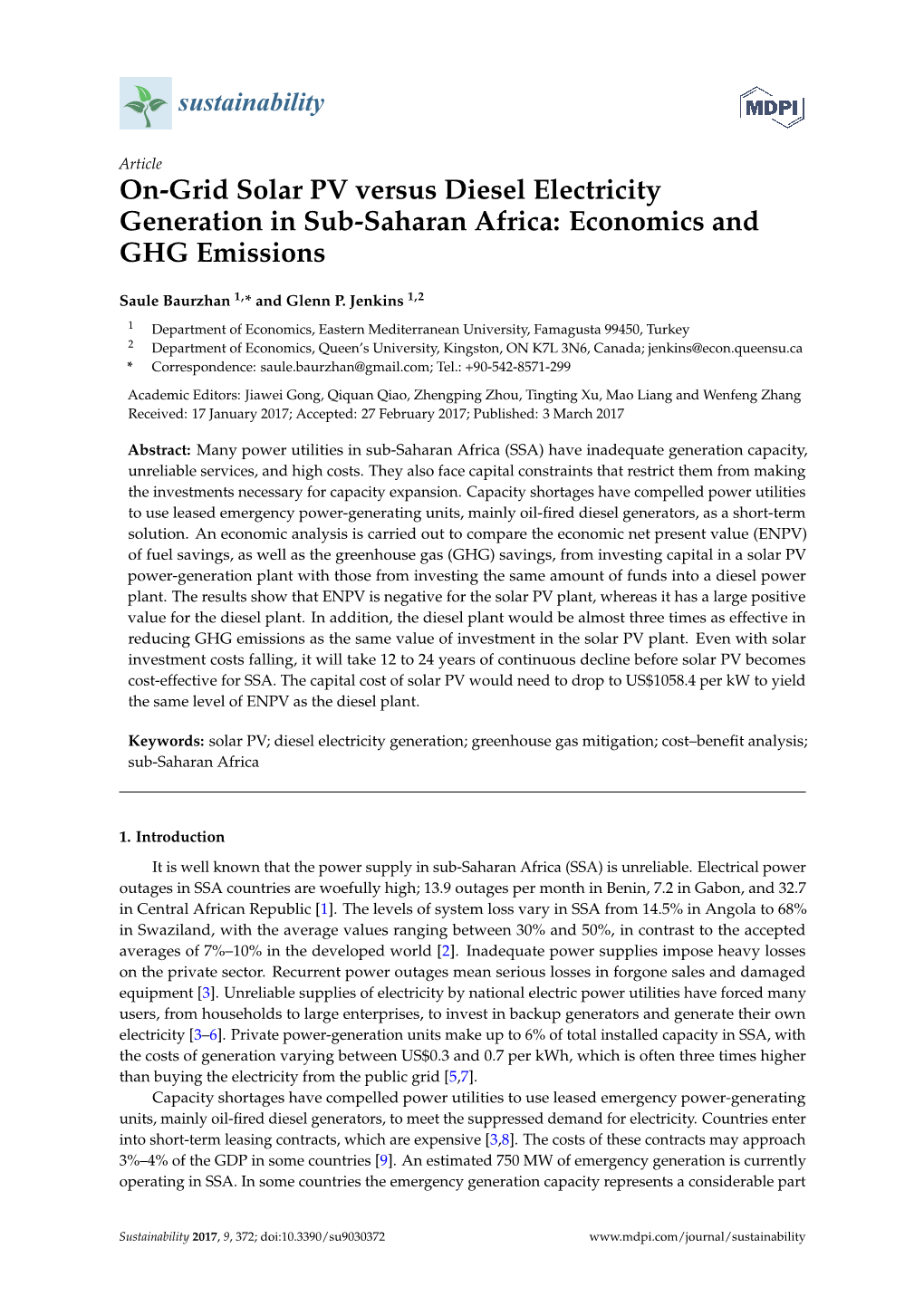 On-Grid Solar PV Versus Diesel Electricity Generation in Sub-Saharan Africa: Economics and GHG Emissions